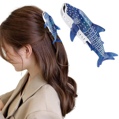 Hapdoo dark blue whale shark hair clip front view secures thick hair with ocean-friendly style