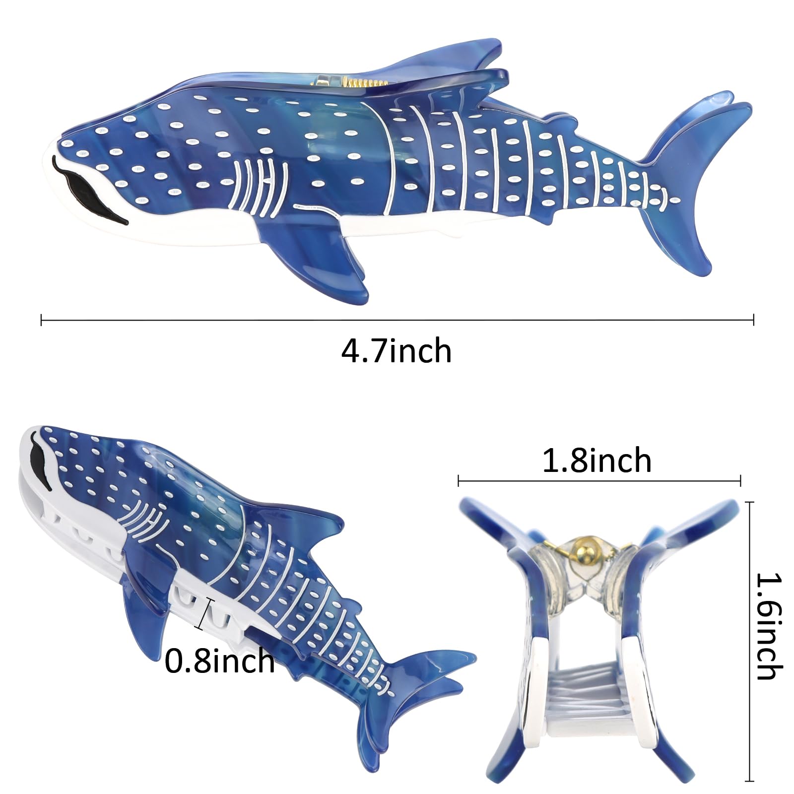 Hapdoo dark blue whale shark hair clip side view shows comfortable grip for everyday wear