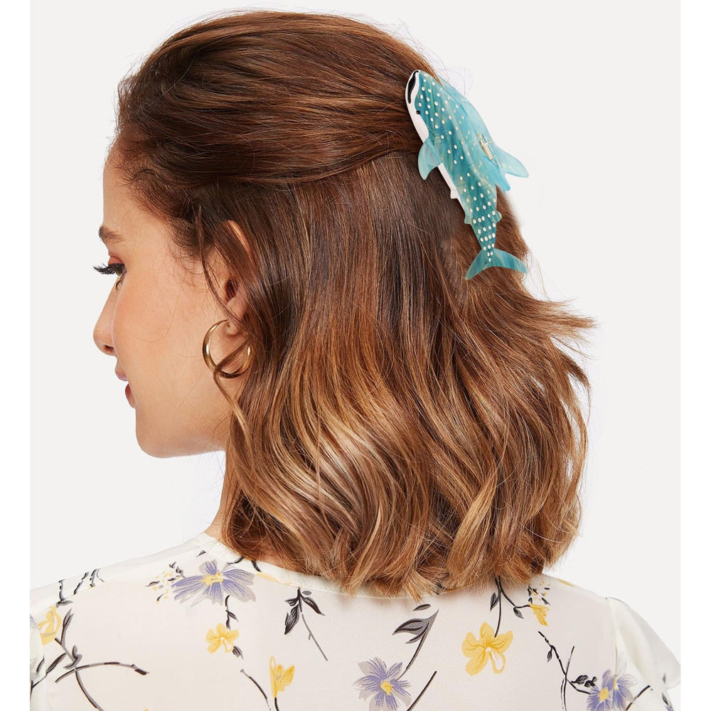 Hapdoo Whale Shark Hair Clip worn on model for a playful everyday look