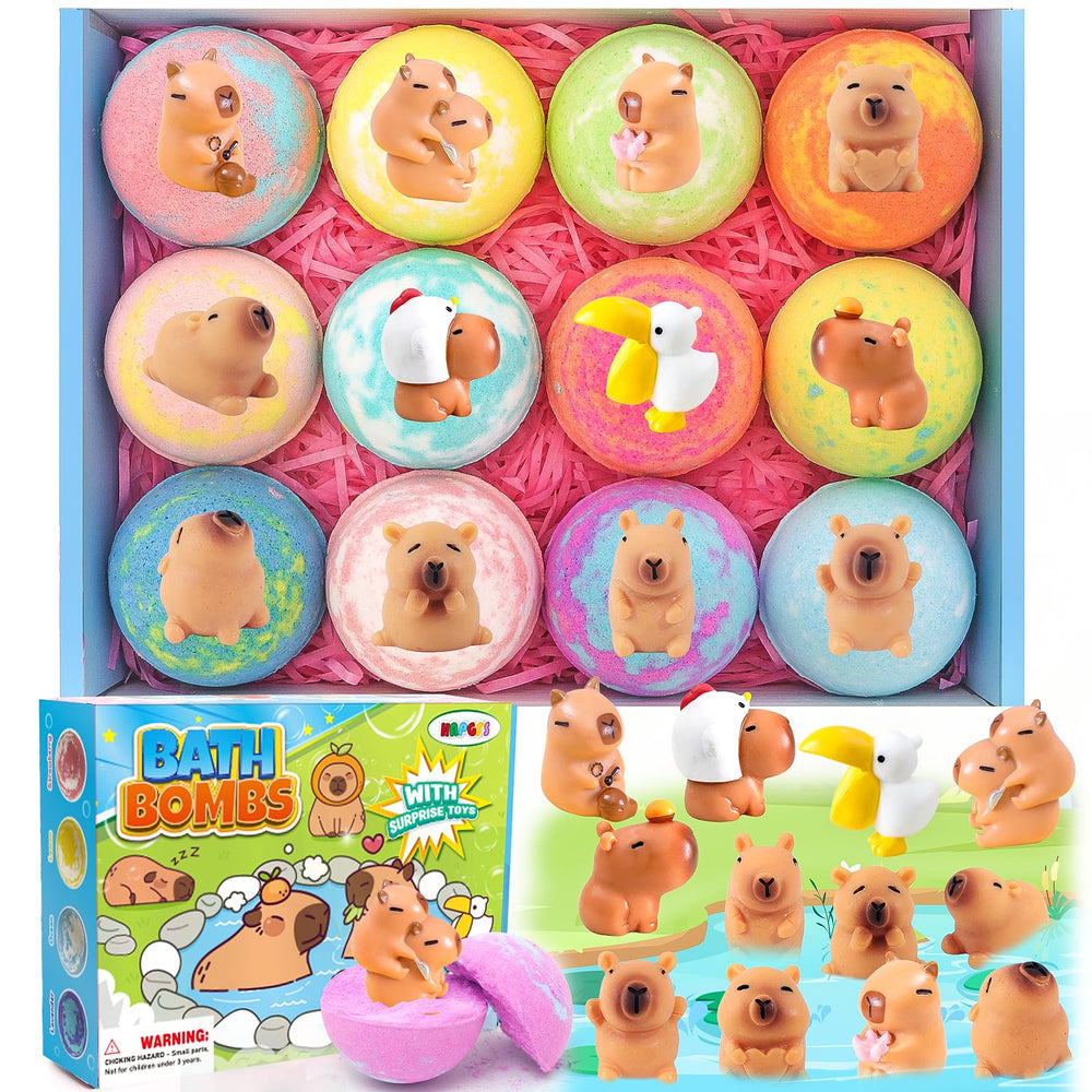HAPGFS bath bombs reveal capybara toys inside for a playful treasure hunt during bath time.