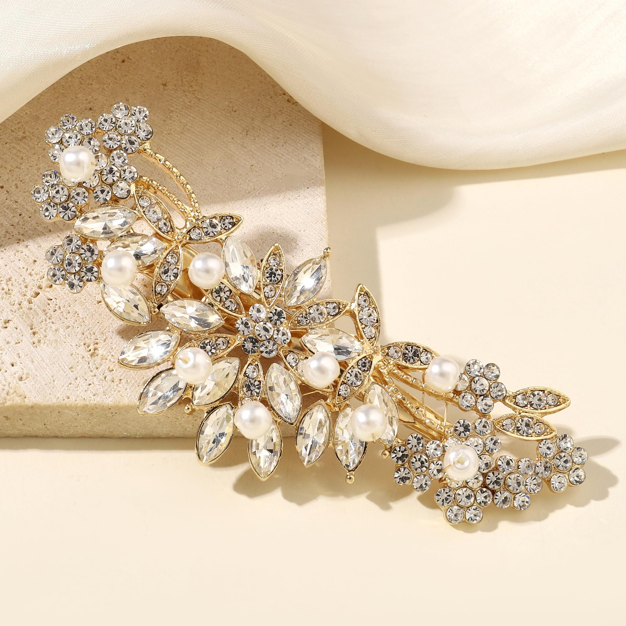 Hapibuy gold floral hair clip closeup highlights luxurious design for formal occasions.