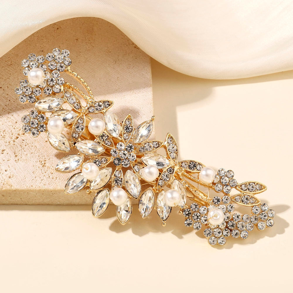 Hapibuy gold floral hair clip closeup highlights luxurious design for formal occasions.