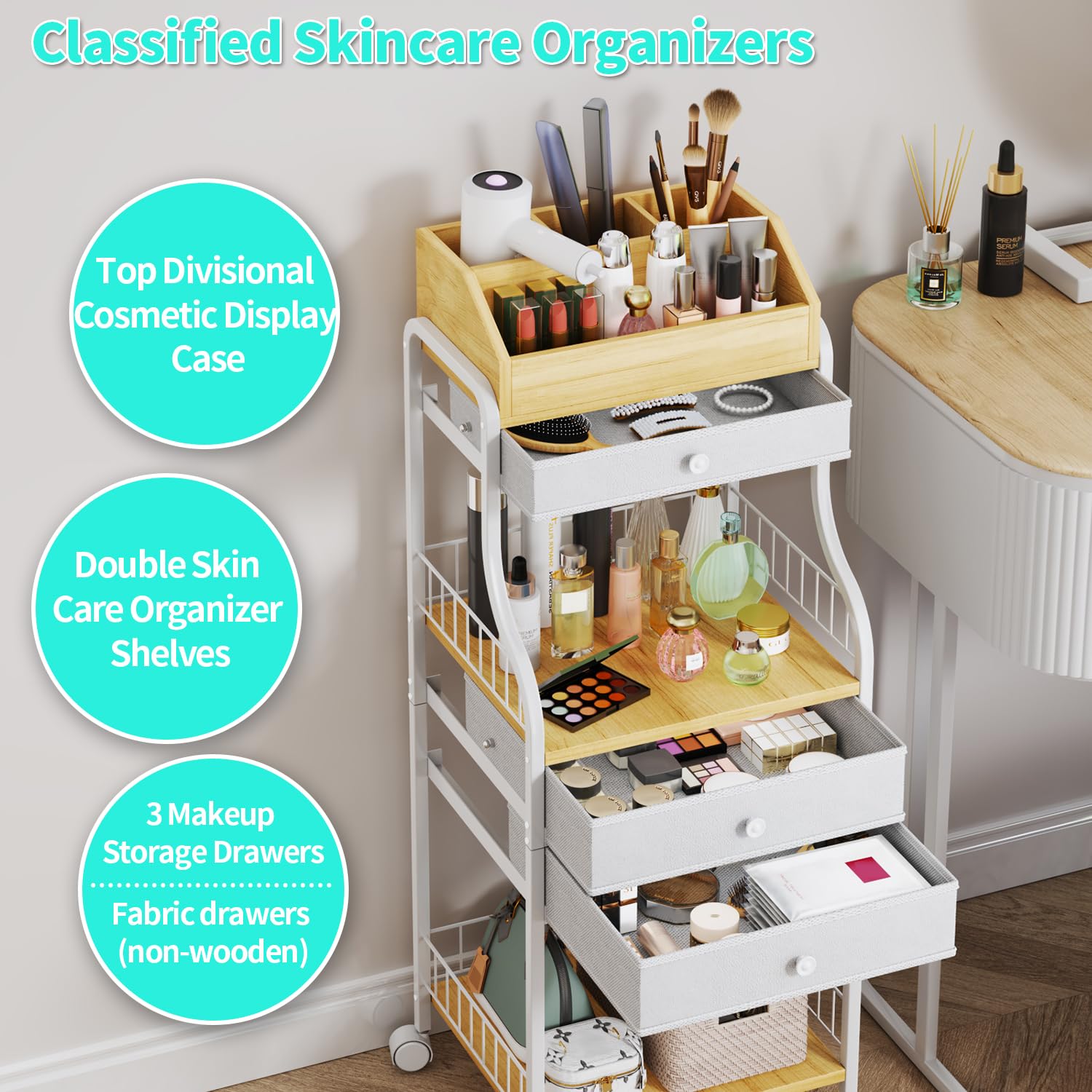 HapiRm vanity with 360° rotating casters for easy relocation.