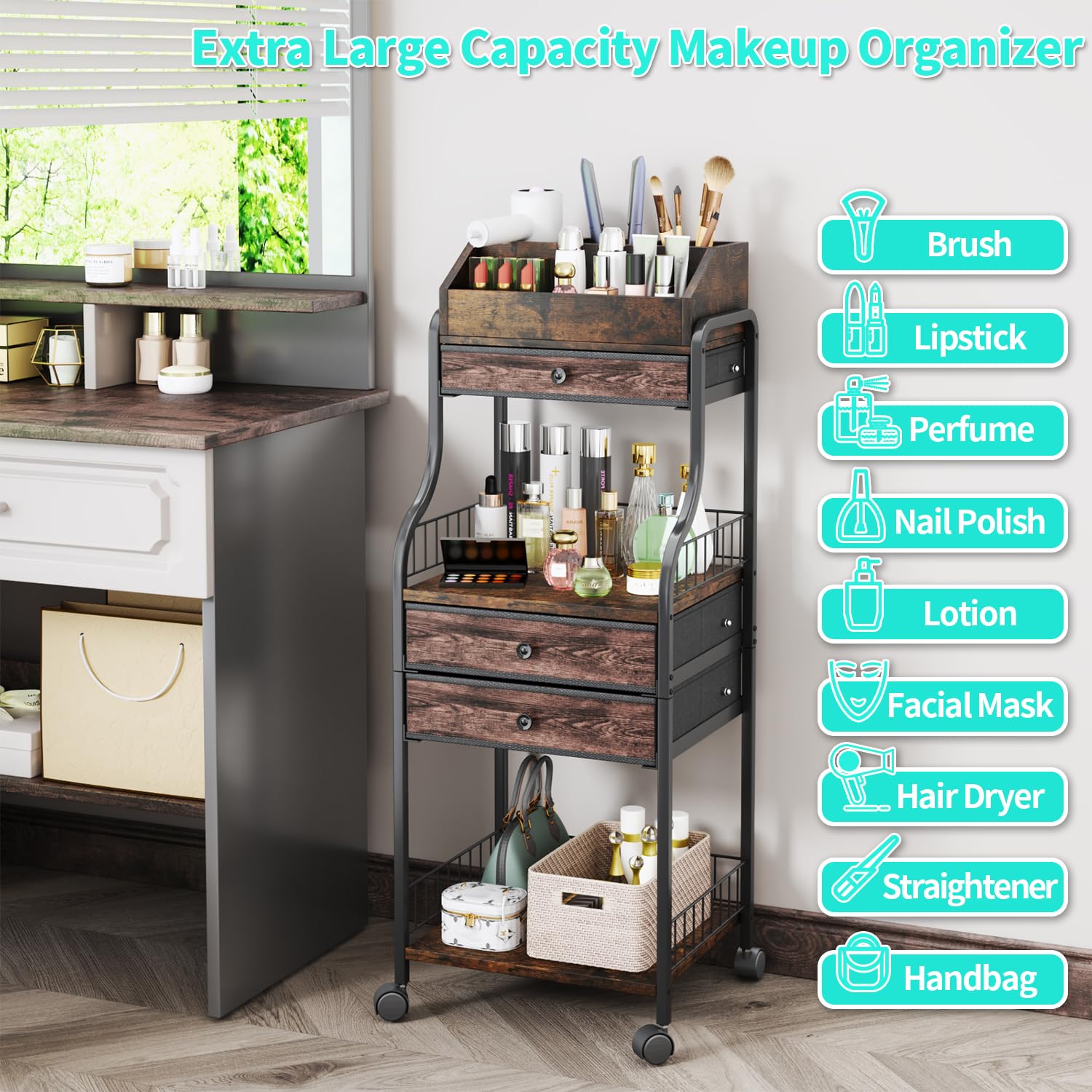 HapiRm four 360° casters enable easy mobility around the vanity
