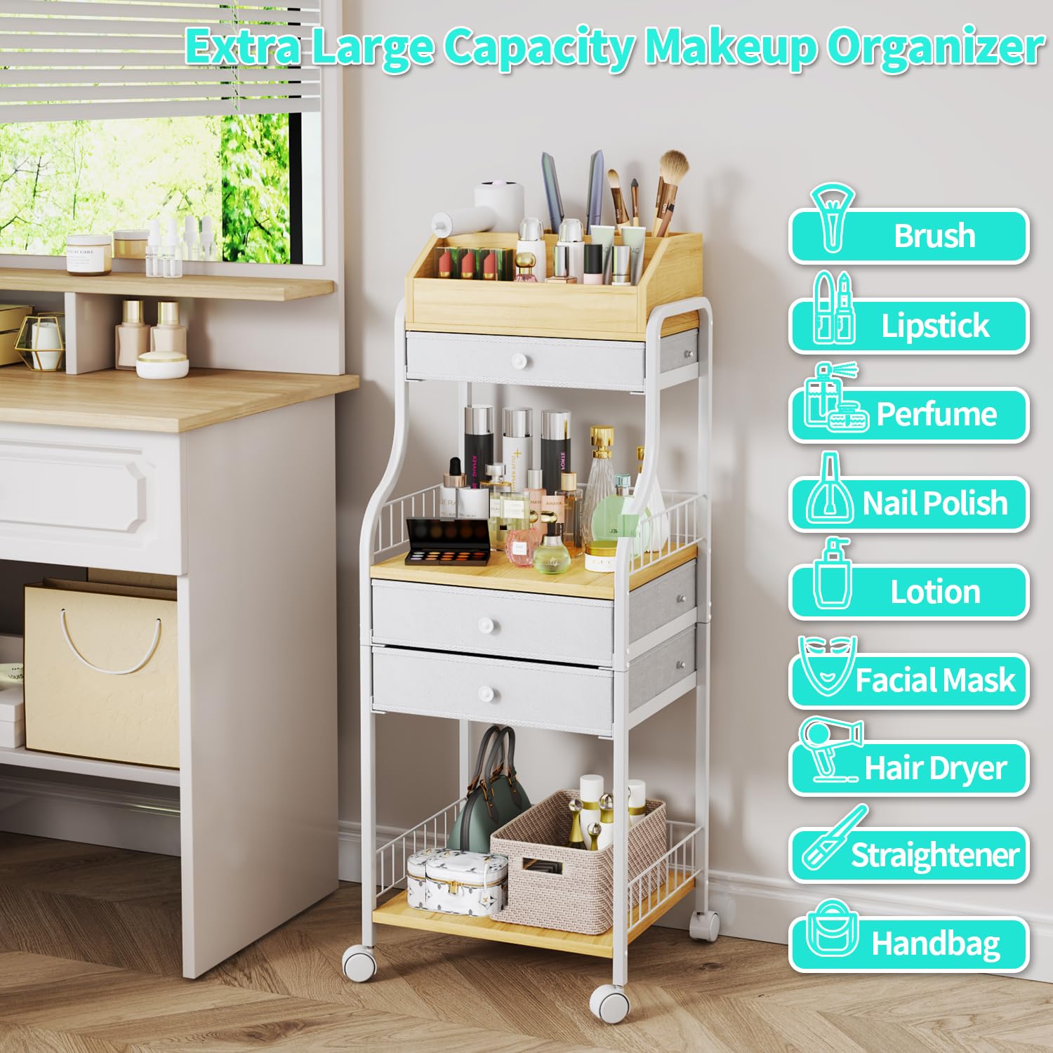 HapiRm organizer safety railing helps prevent items from falling.