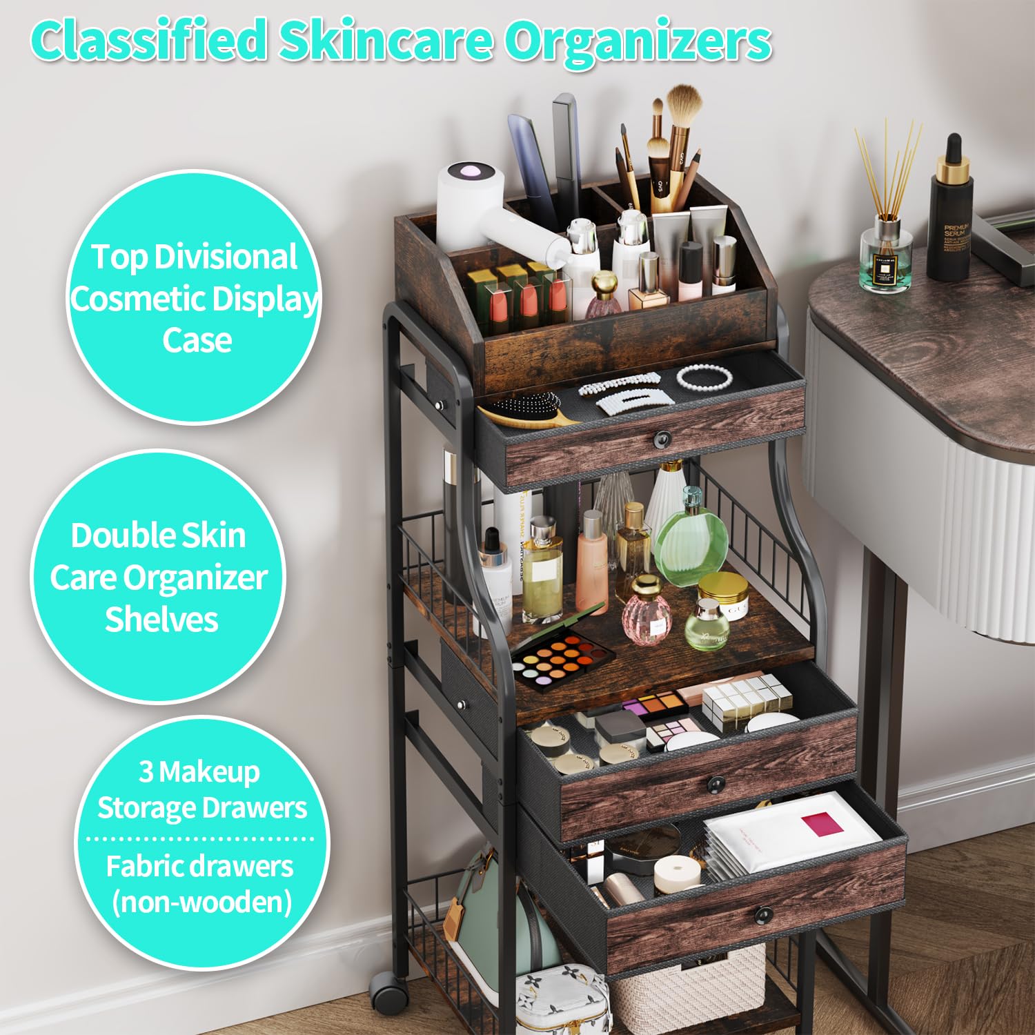 HapiRm sturdy fiberboard and steel frame supports heavy beauty items