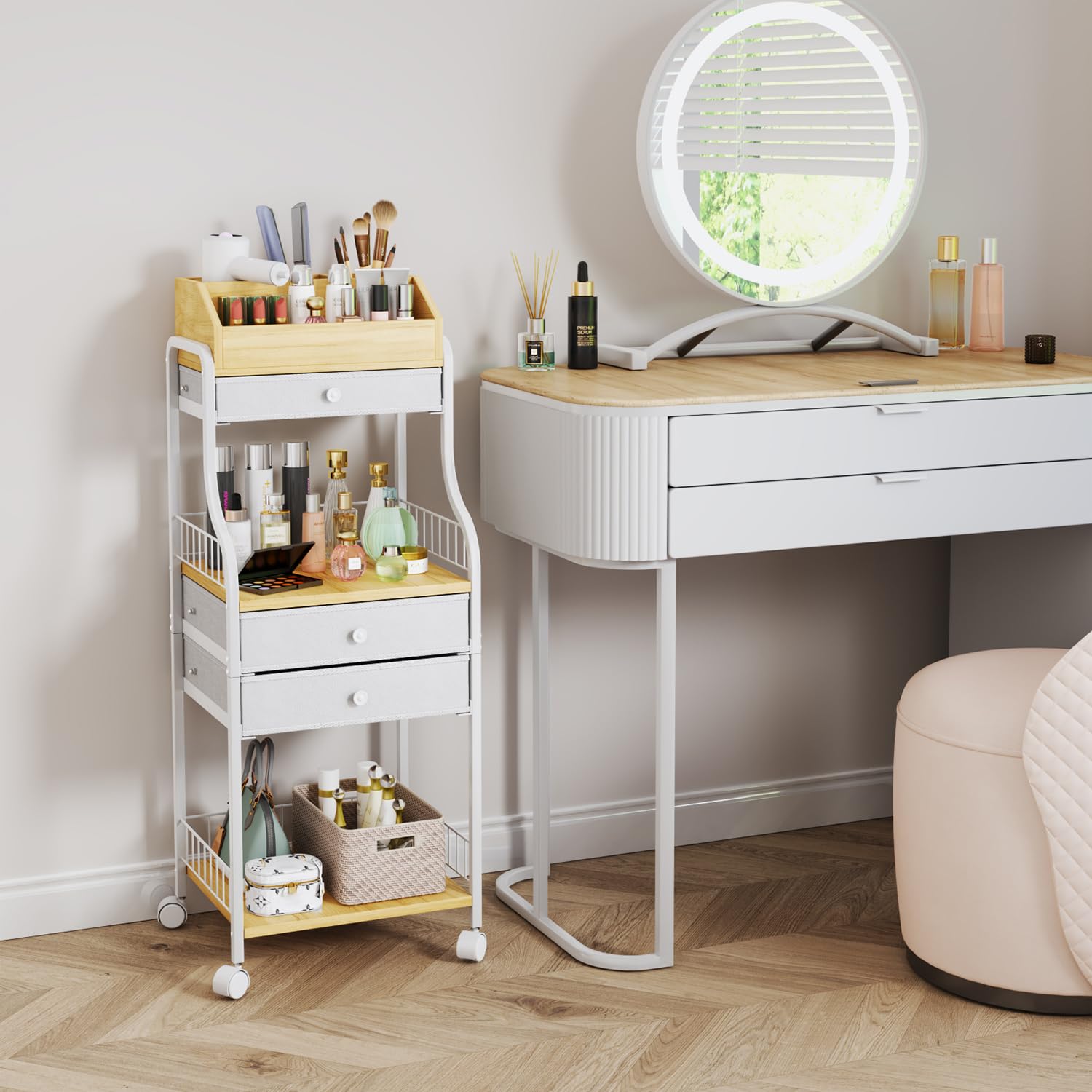 HapiRm floor makeup organizer top-compartments for brushes and cosmetics.