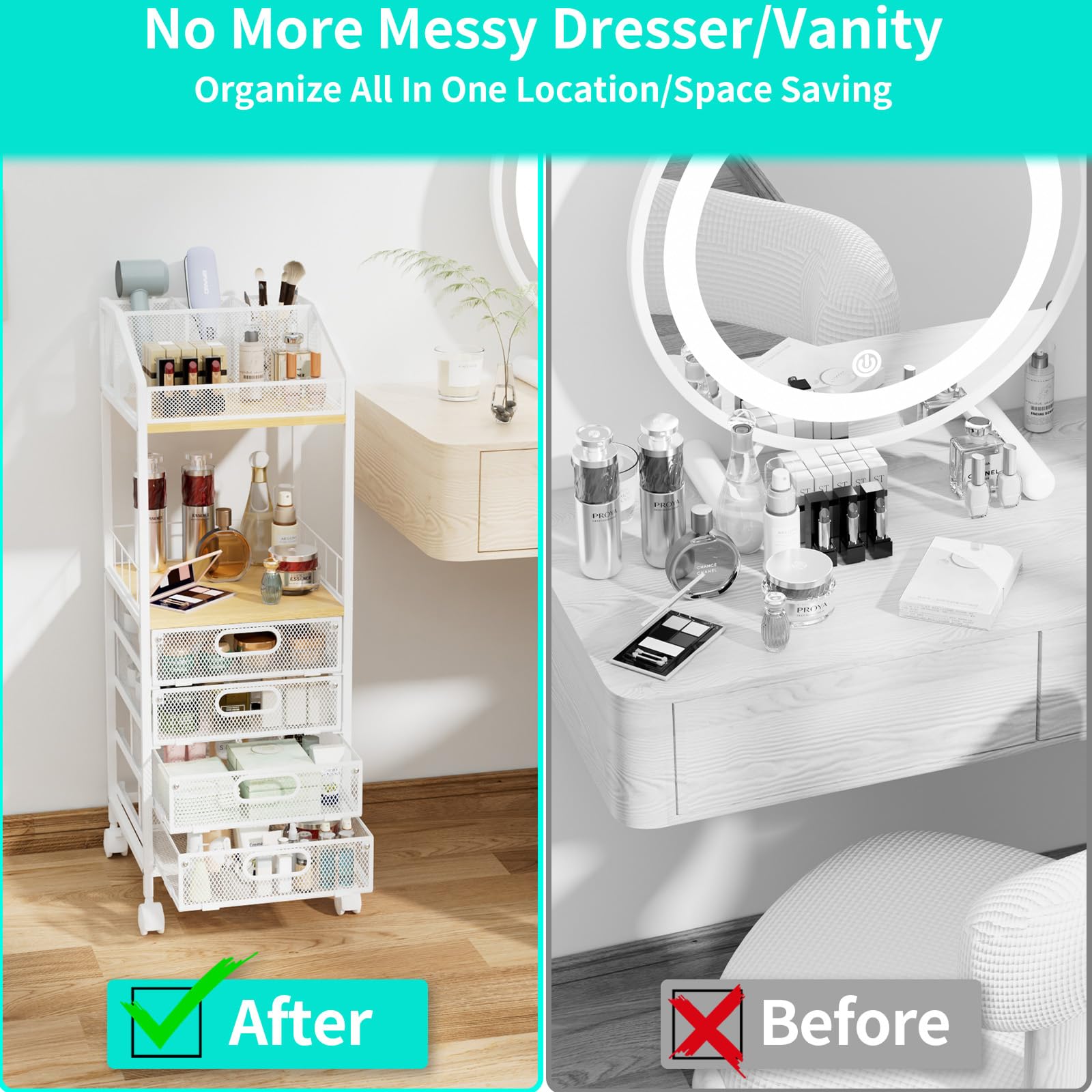 HapiRm open shelf stores full-size cleansers and toners for easy reach.