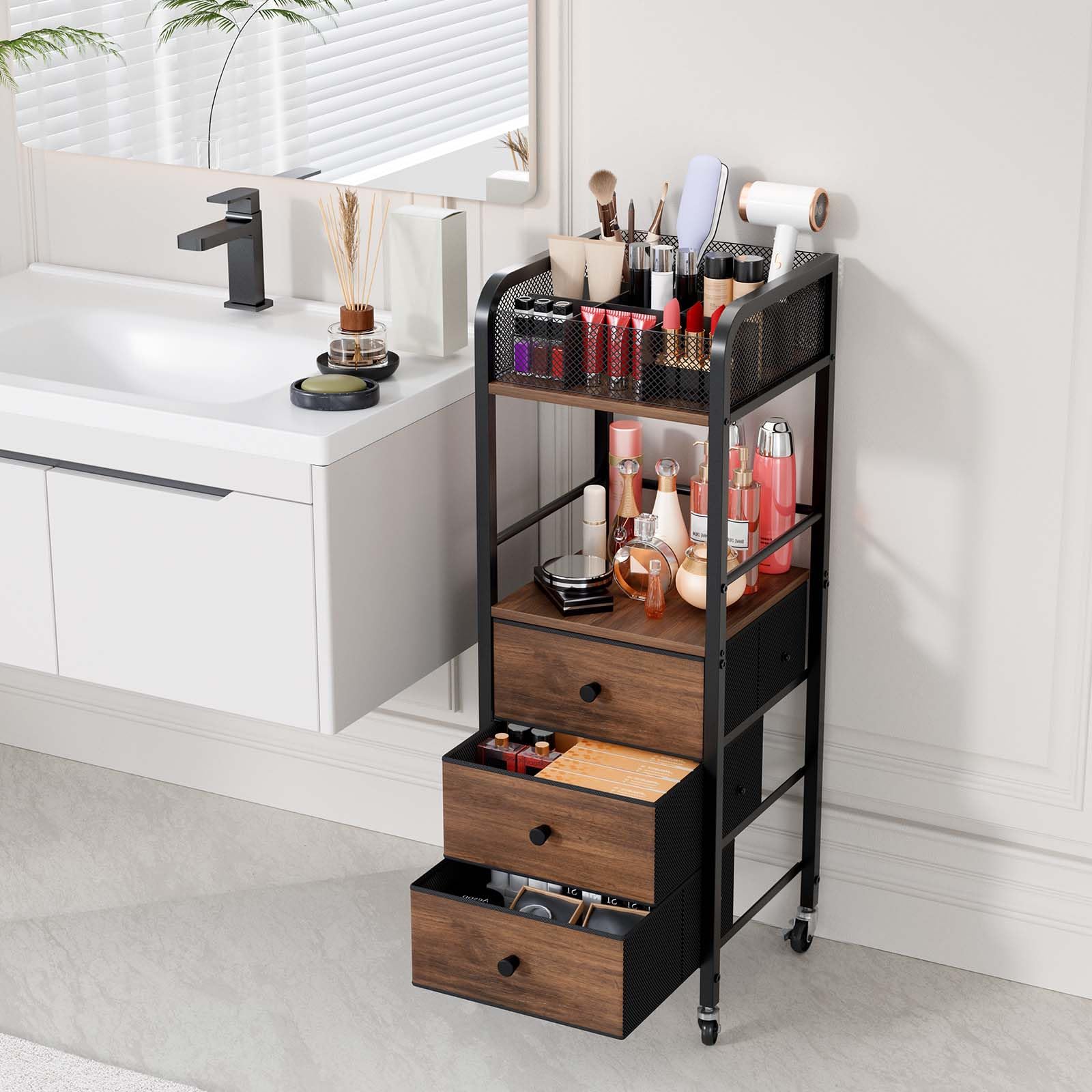 HapiRm rolling makeup cart divisional display keeps cosmetics separated for easy sorting.