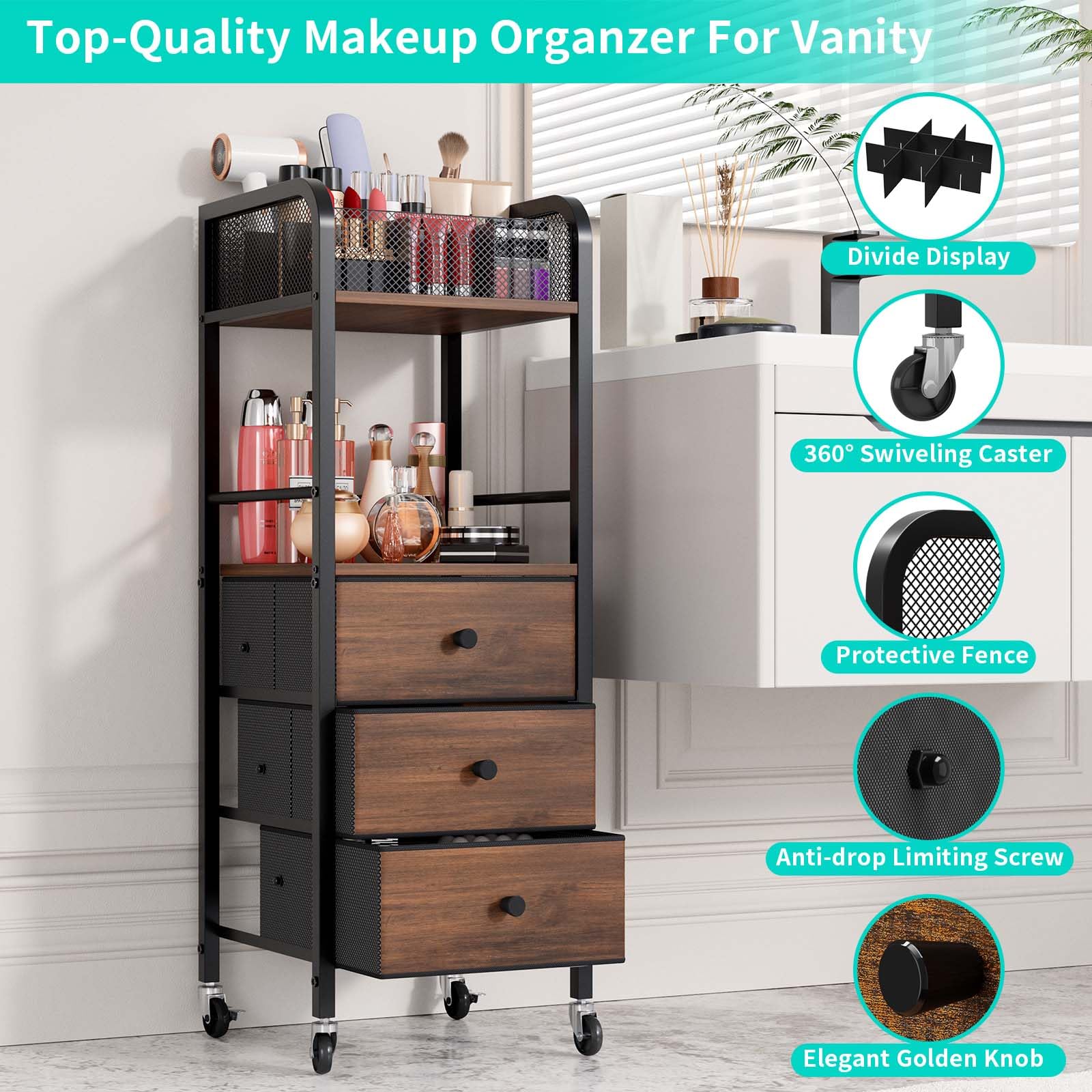HapiRm rolling makeup cart durable materials resist moisture and wear.
