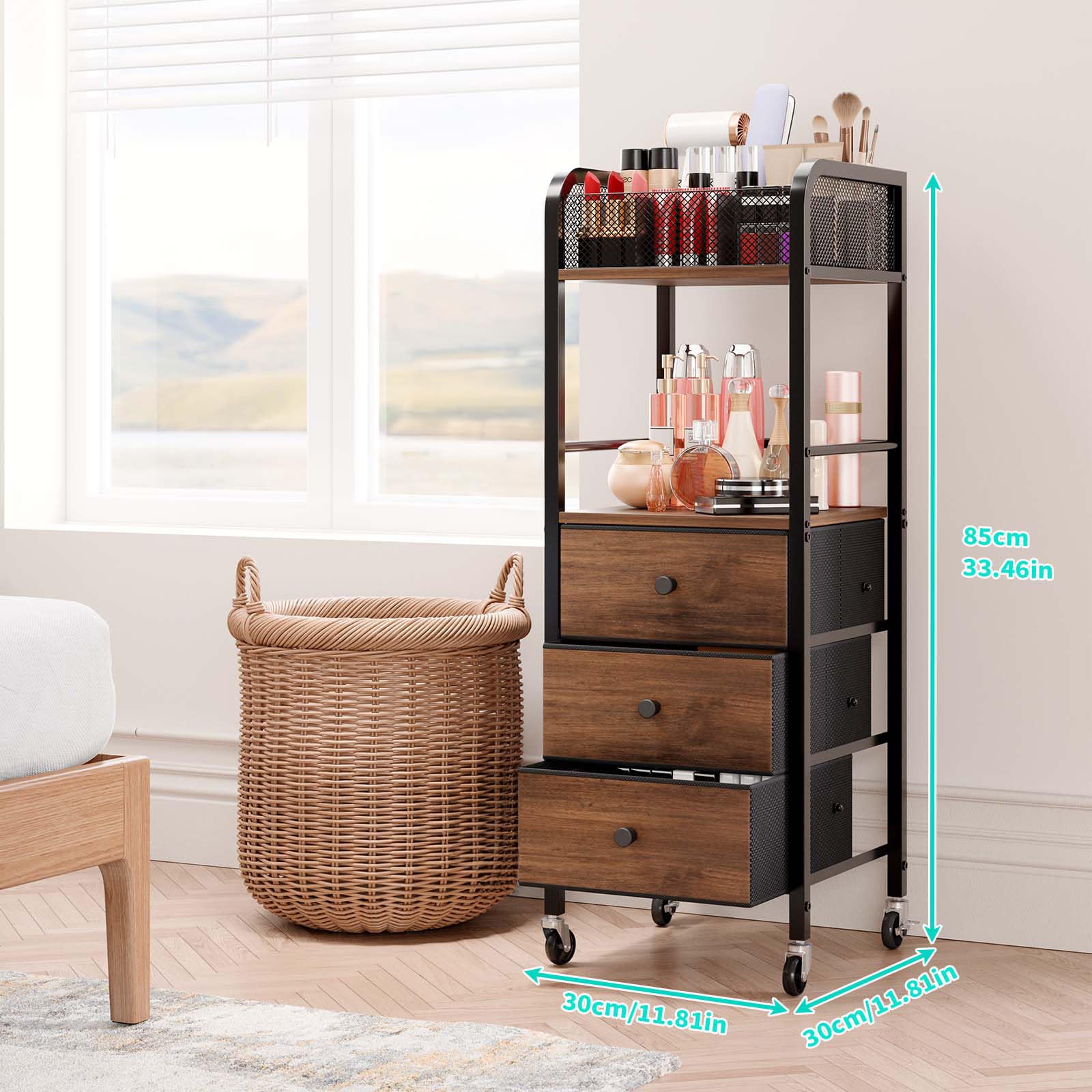 HapiRm rolling makeup cart middle open shelf provides space for full size cleansers.