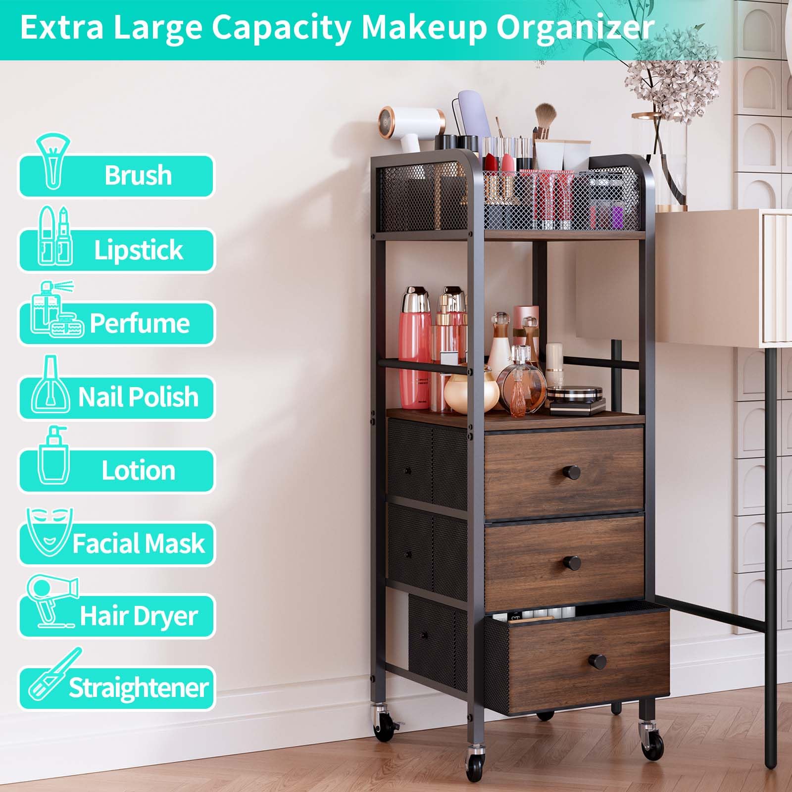 HapiRm rolling makeup cart sleek black wood finish complements any decor.