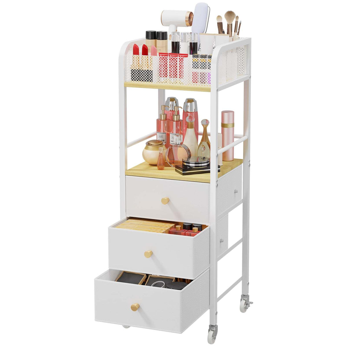 HapiRm rolling makeup cart top view highlights mobility and generous storage