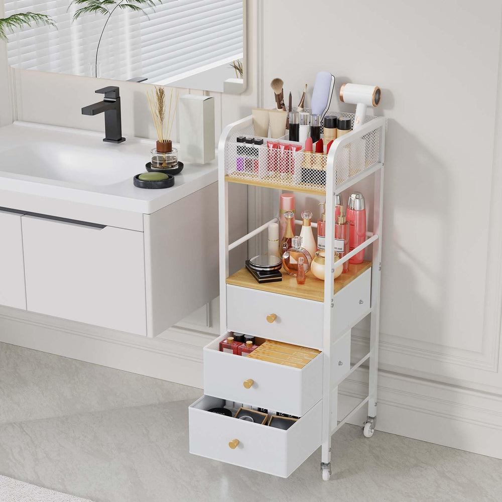 HapiRm vanity organizer with drawer open shows deep dividers for brushes and perfumes