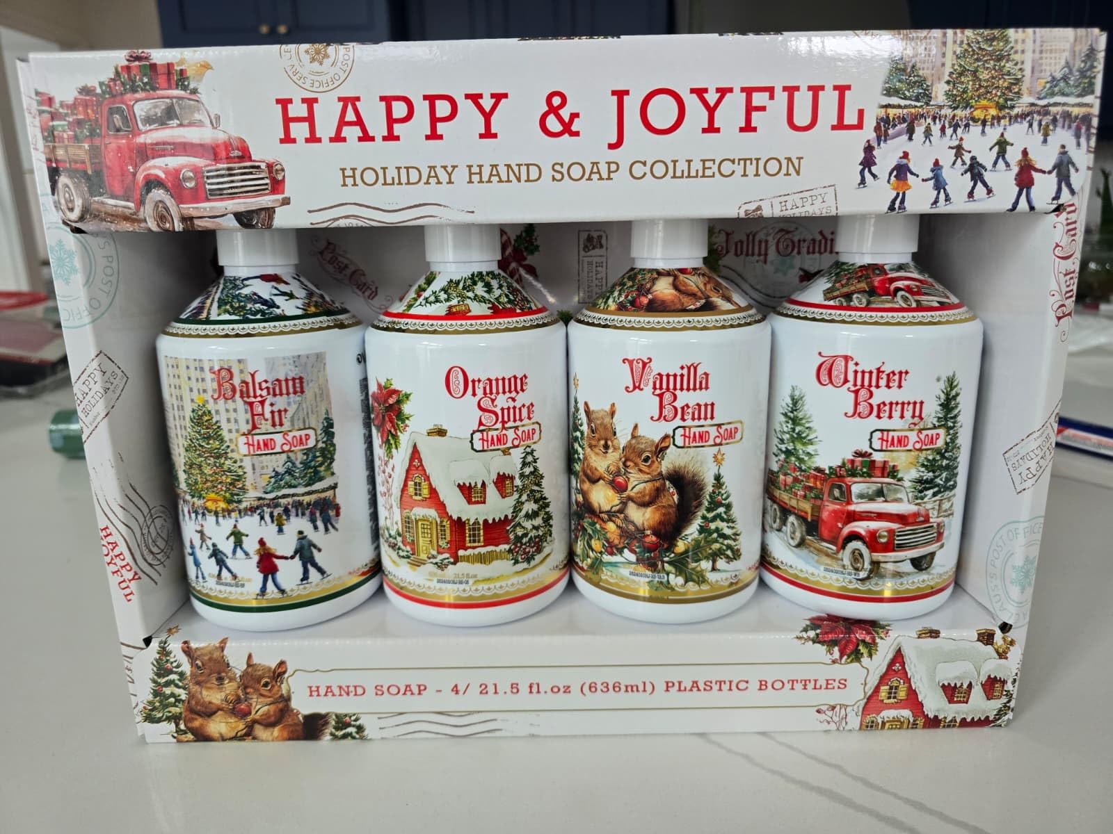 Happy & Joyful balsam fir bottle offers festive scent for hand washing.