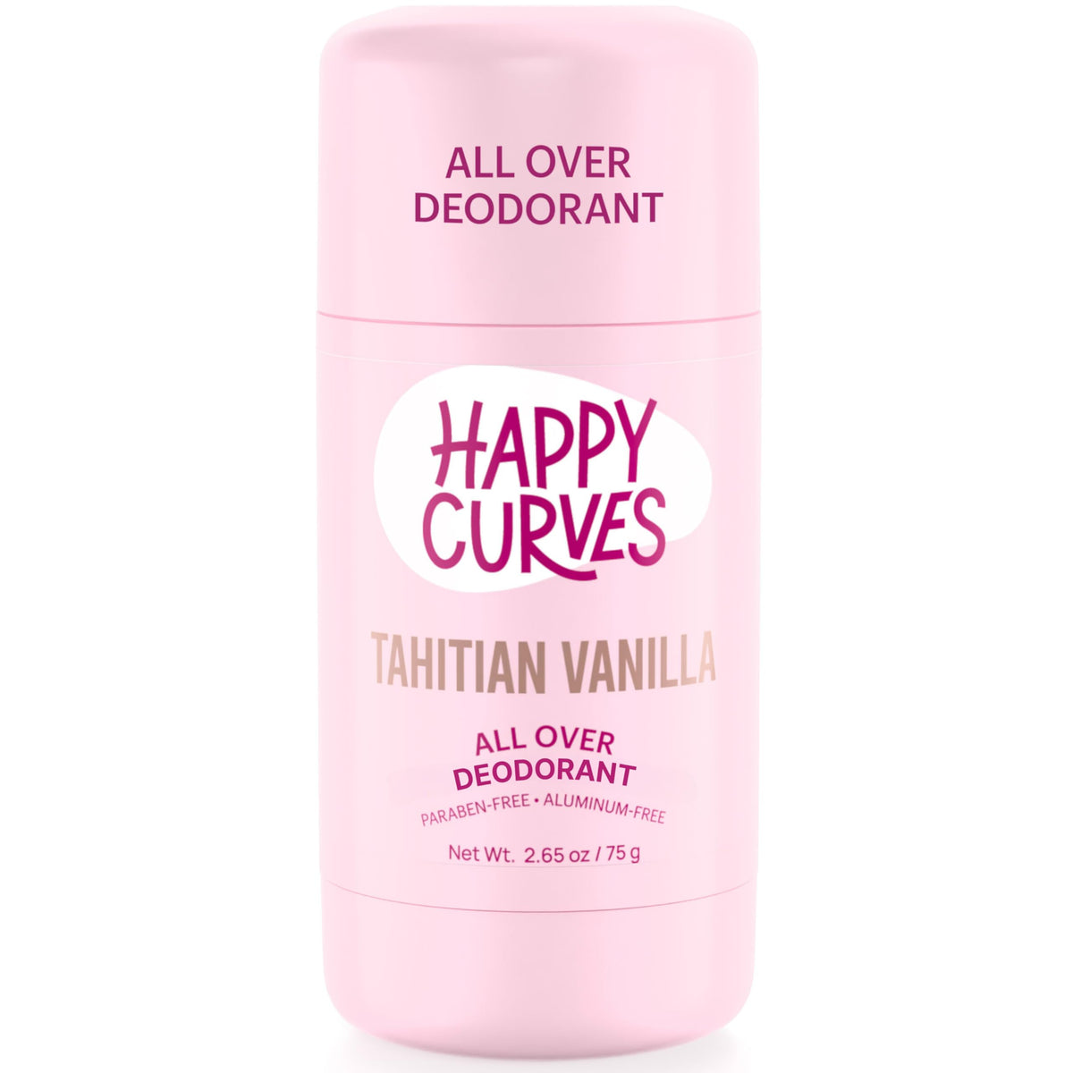 HAPPY CURVES all-over deodorant bottle for head-to-toe freshness and odor protection.