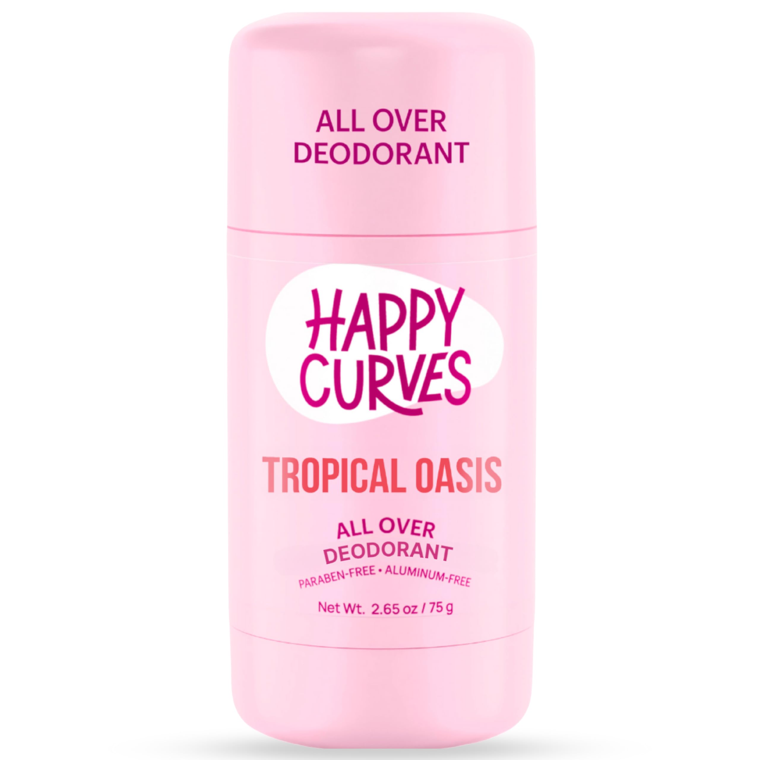 HAPPY CURVES Tropical Oasis packaging shows aluminum-free deodorant for all-over body freshness.
