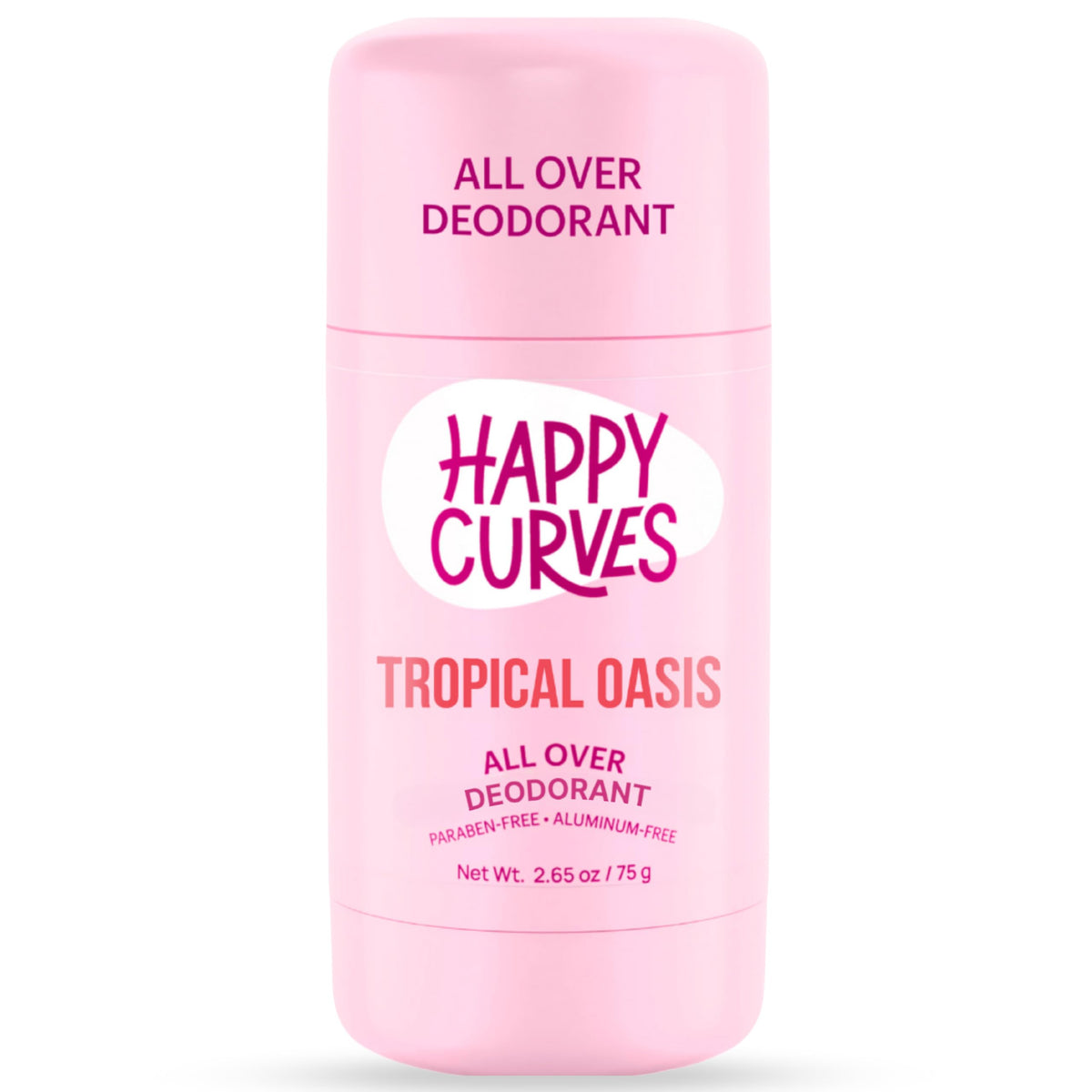 HAPPY CURVES Tropical Oasis packaging shows aluminum-free deodorant for all-over body freshness.