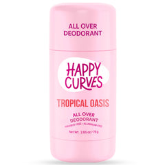 HAPPY CURVES Tropical Oasis packaging shows aluminum-free deodorant for all-over body freshness.