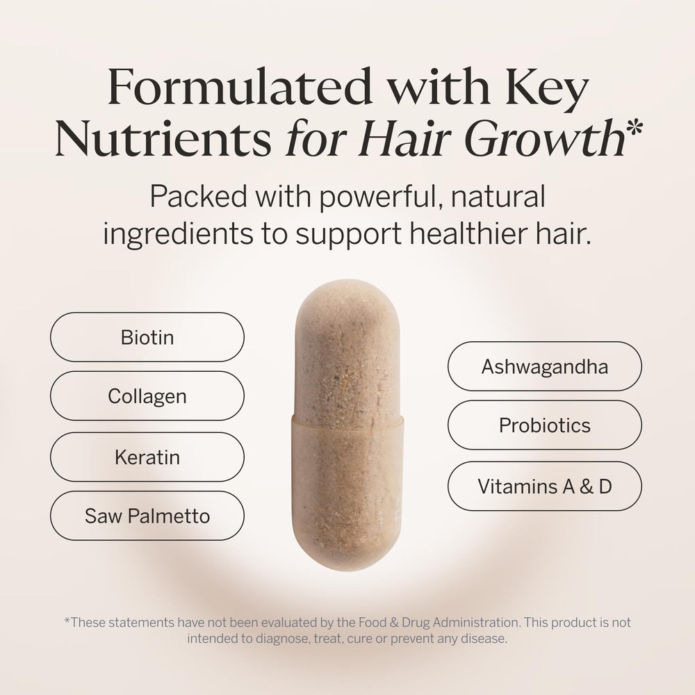 Happy Head ingredients label highlights vitamins and collagen for hair nourishment.