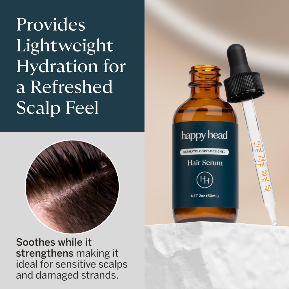 Happy Head lightweight formula bottle held for daily use without greasiness