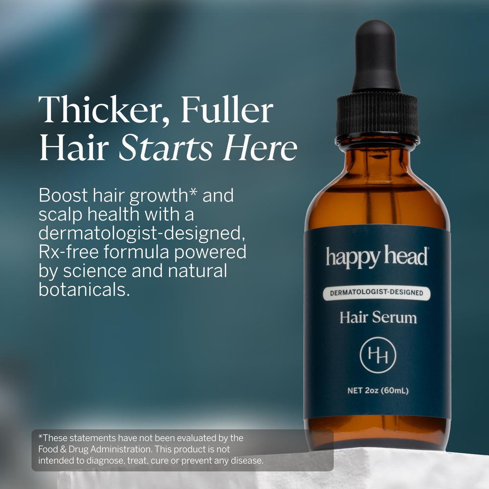Happy Head serum dropper applying solution to scalp supports fuller-looking hair