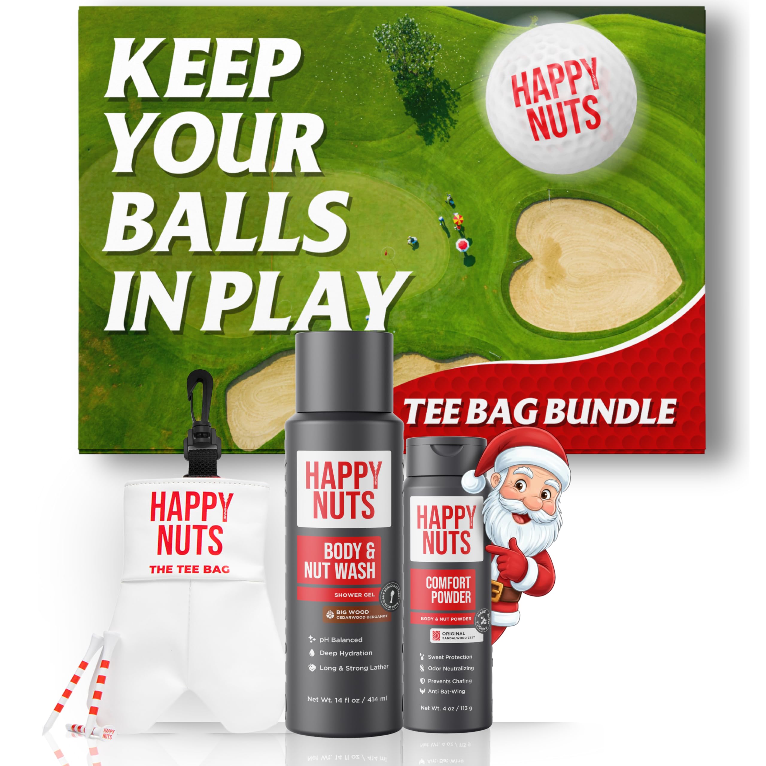 HAPPY NUTS Big Wood body wash bottle with sandalwood scent for refreshing post-workout showers.