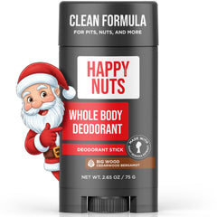 Happy Nuts bottle shows Big Wood deodorant for long-lasting odor control.