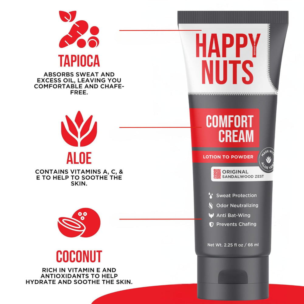 Happy Nuts Comfort Cream Deodorant application—lotion-to-powder texture delivers anti-friction comfort.