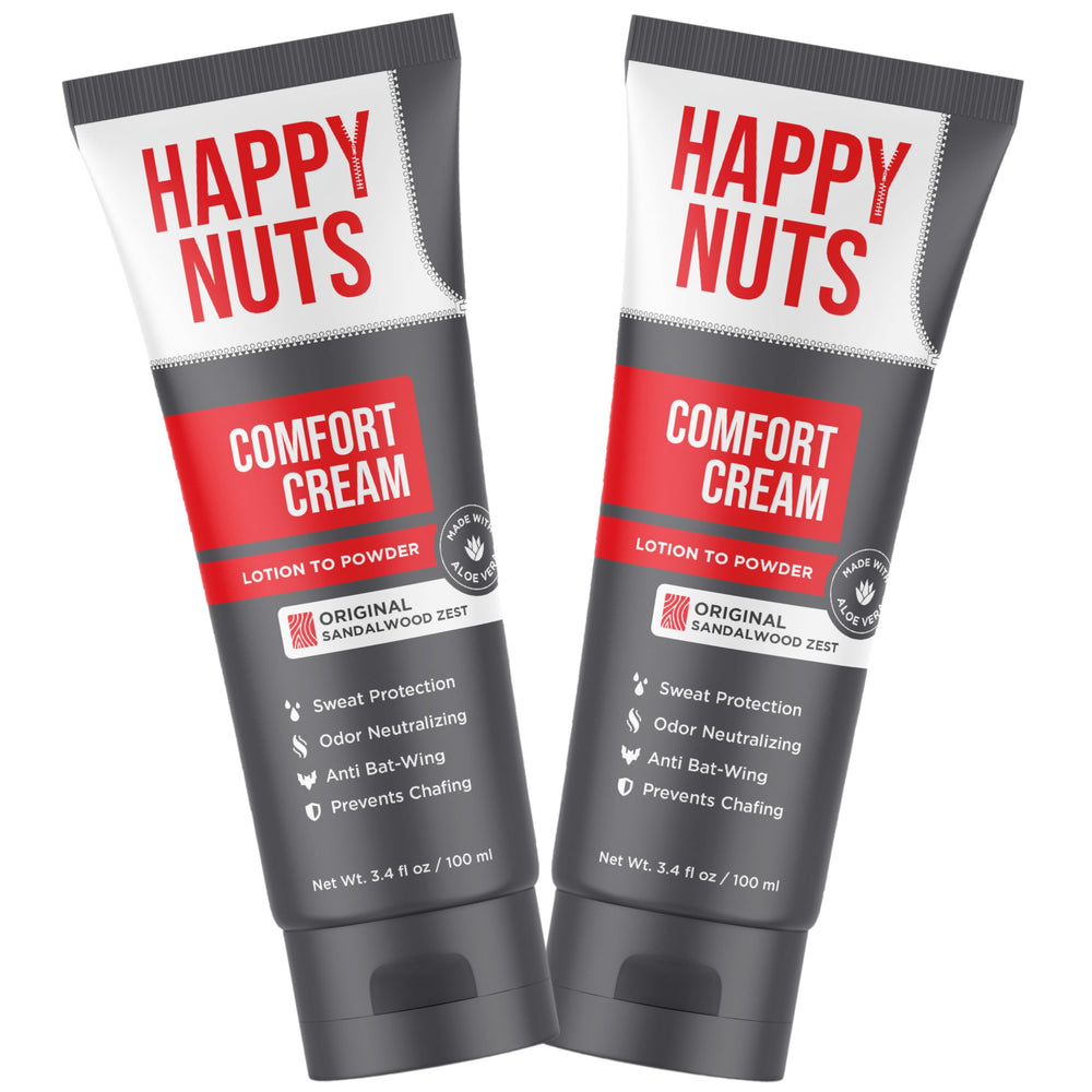 HAPPY NUTS Comfort Cream Deodorant bottle; aluminum-free protection for active days.