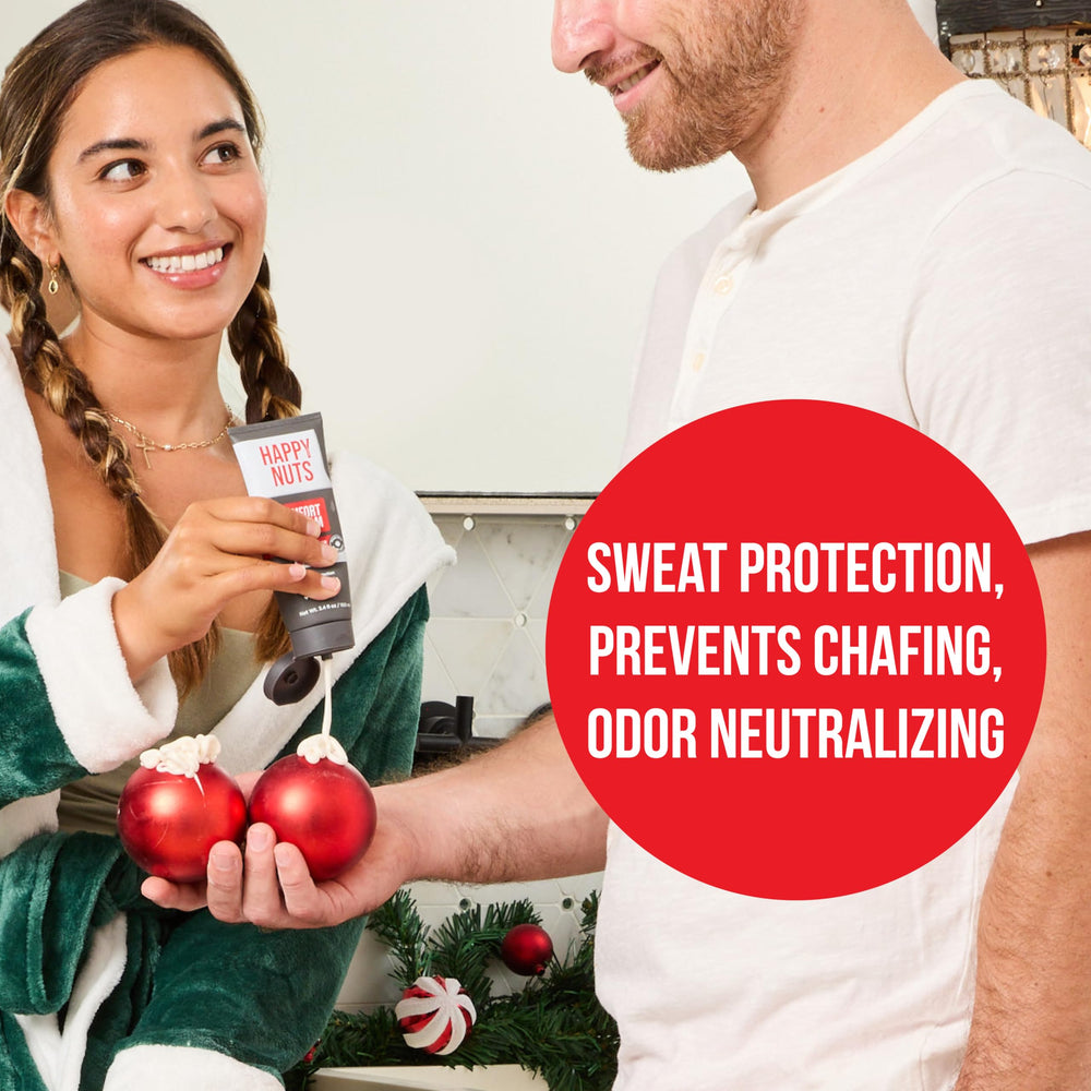 Happy Nuts Comfort Cream Deodorant being applied for long-lasting protection during activity.