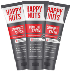 Happy NUTS Comfort Cream Deodorant packaging emphasizes aluminum-free protection for active men.