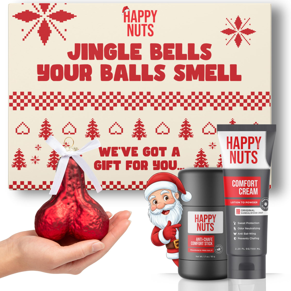 Happy Nuts Comfort Cream application showing lotion-to-powder finish for all-day comfort.