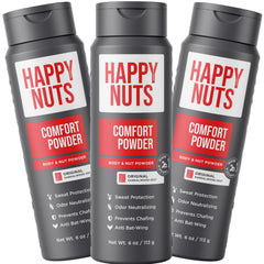 Happy Nuts Comfort Powder Deodorant bottle front; aluminum-free anti-chafe protection for active days.