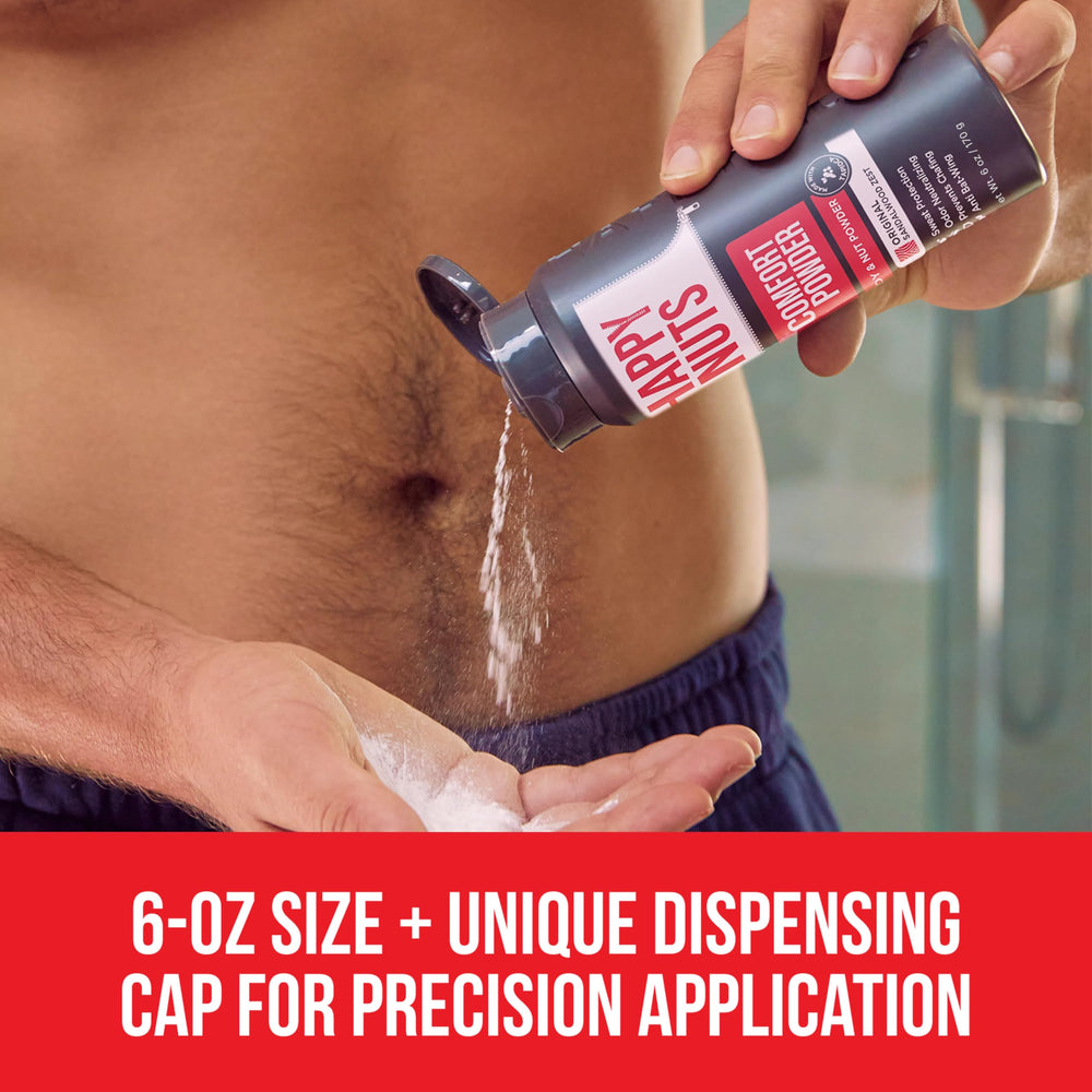 Happy Nuts Comfort Powder dispensing cap highlights precision application for targeted relief.