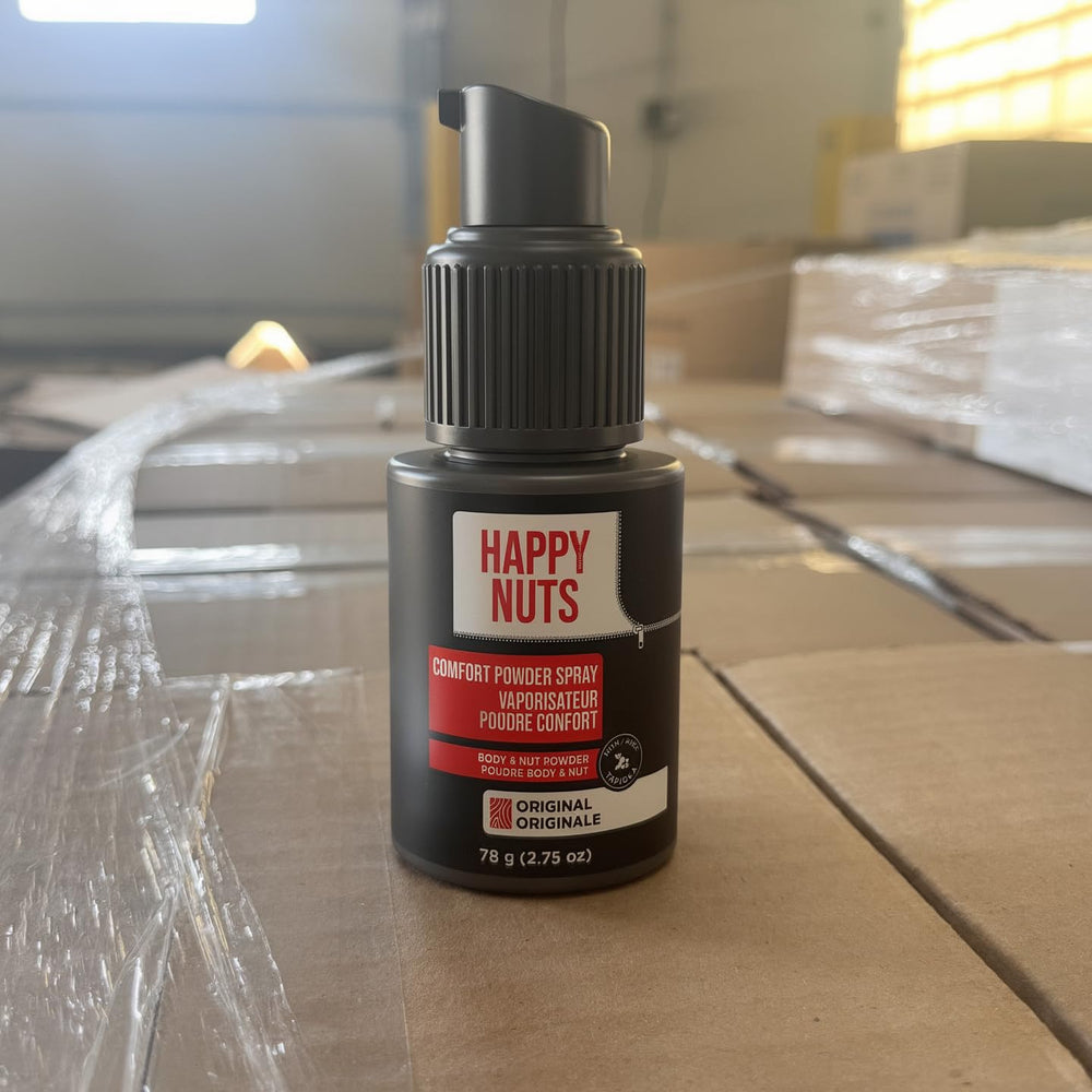 Happy Nuts Comfort Powder Spray with aloe and coconut oil soothing skin.