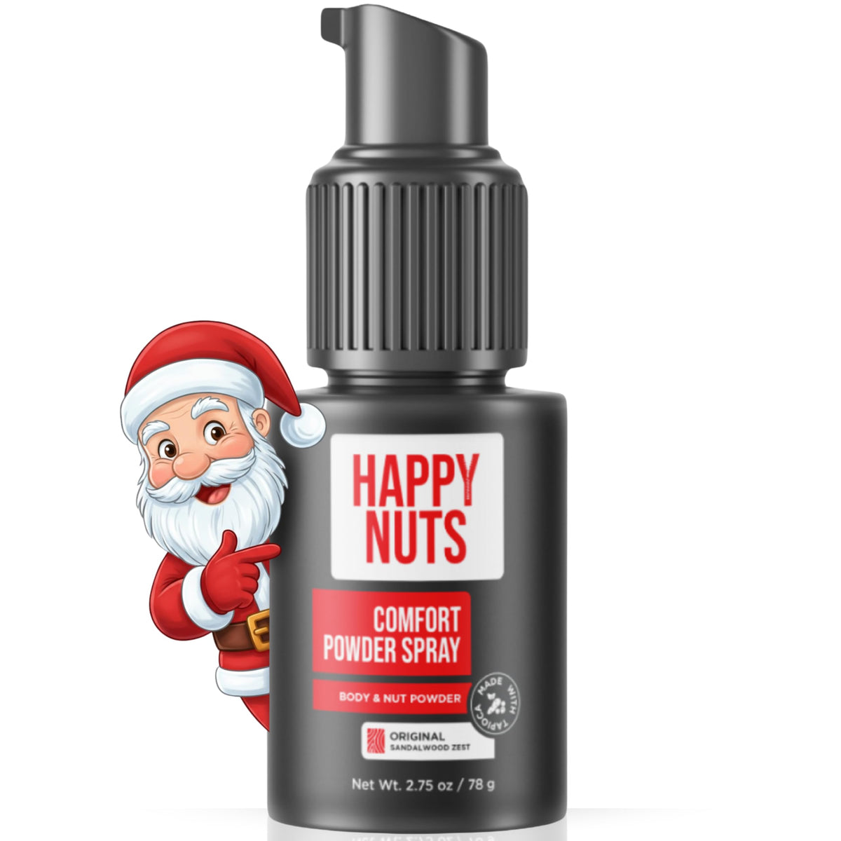 Happy Nuts Comfort Powder Spray bottle front for all-day comfort during activities.