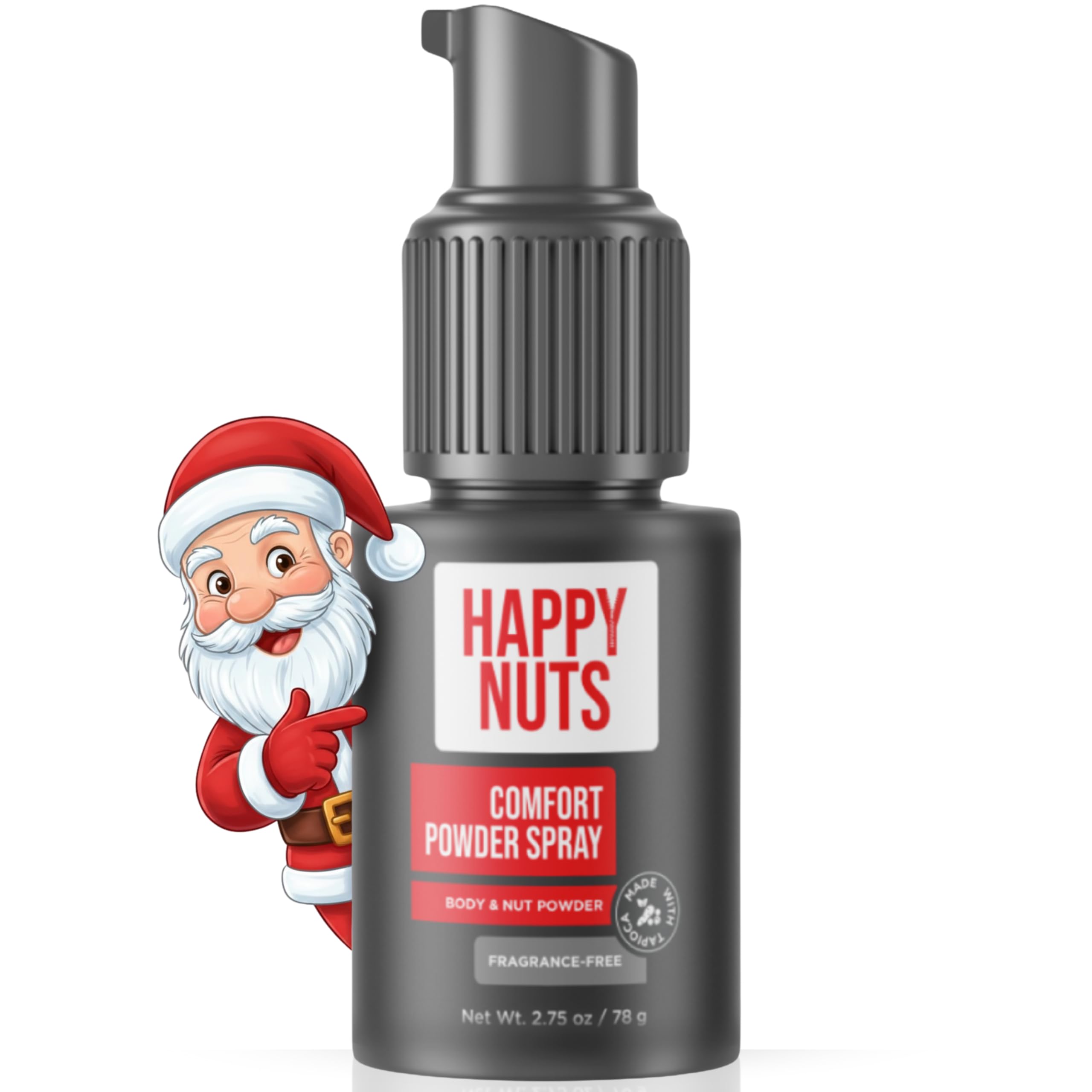 Happy Nuts Comfort Powder Spray bottle for targeted pump application, fragrance-free freshness