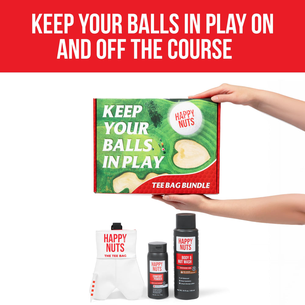 HAPPY NUTS Golf course ambiance lifestyle shot highlighting premium grooming on the course.