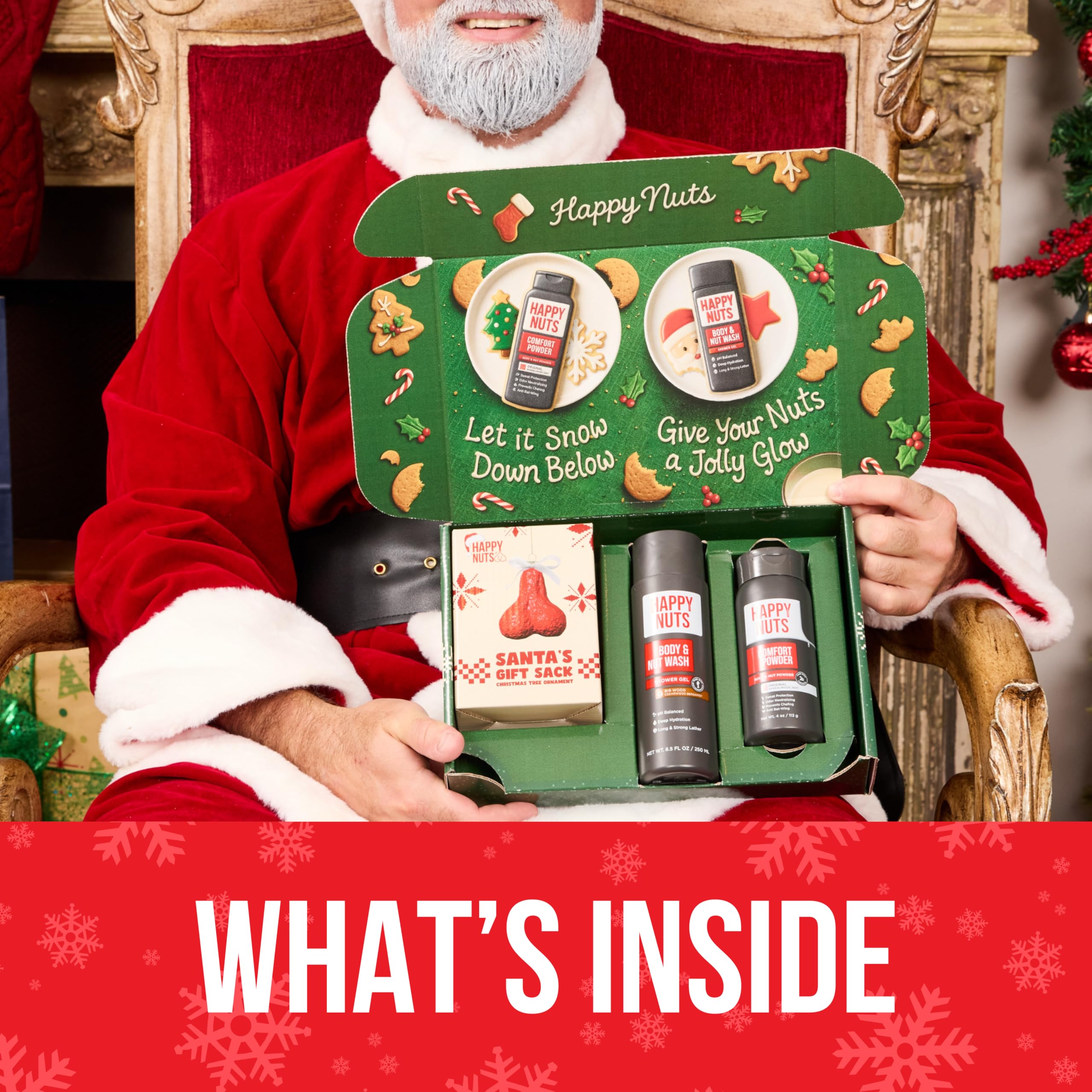 Happy Nuts Holiday Gift Bundle Box displayed as a complete self-care and humor gift