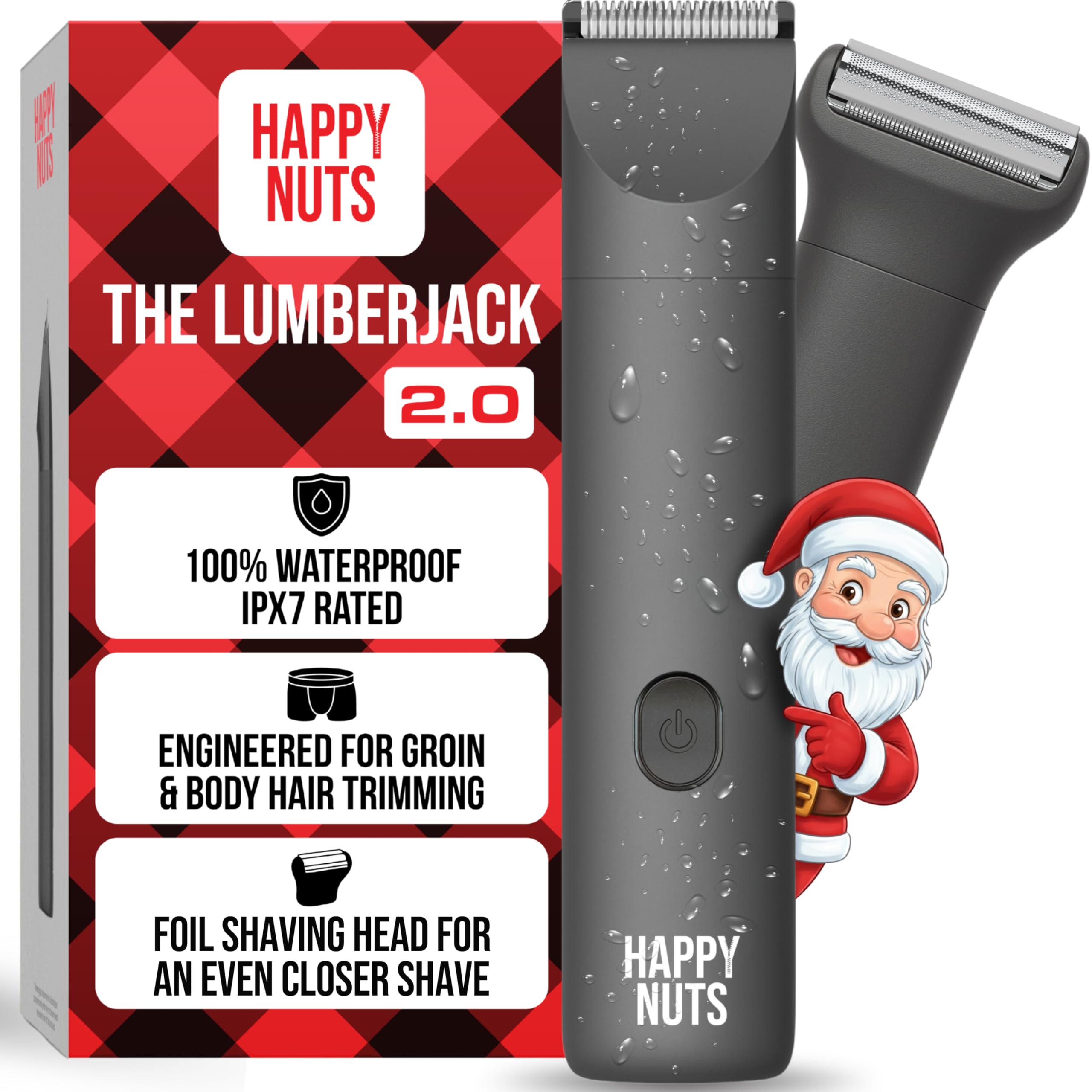 HAPPY NUTS Lumberjack 2.0 trimmer in shower for convenient waterproof grooming.