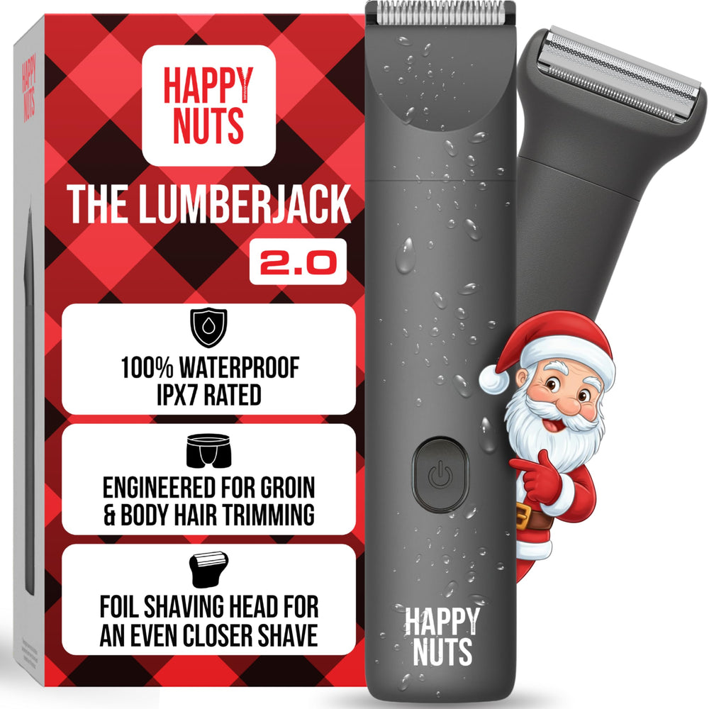 HAPPY NUTS Lumberjack 2.0 trimmer in shower for convenient waterproof grooming.