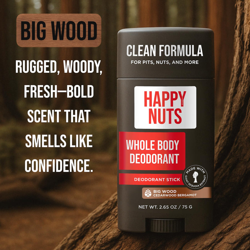 Happy Nuts Cedarwood Sandalwood scent emphasizes bold masculine aroma.