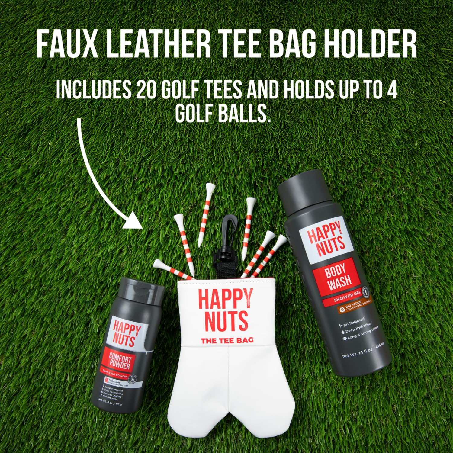 HAPPY NUTS Tee Bag clip-on golf accessory showing convenient bag attachment.