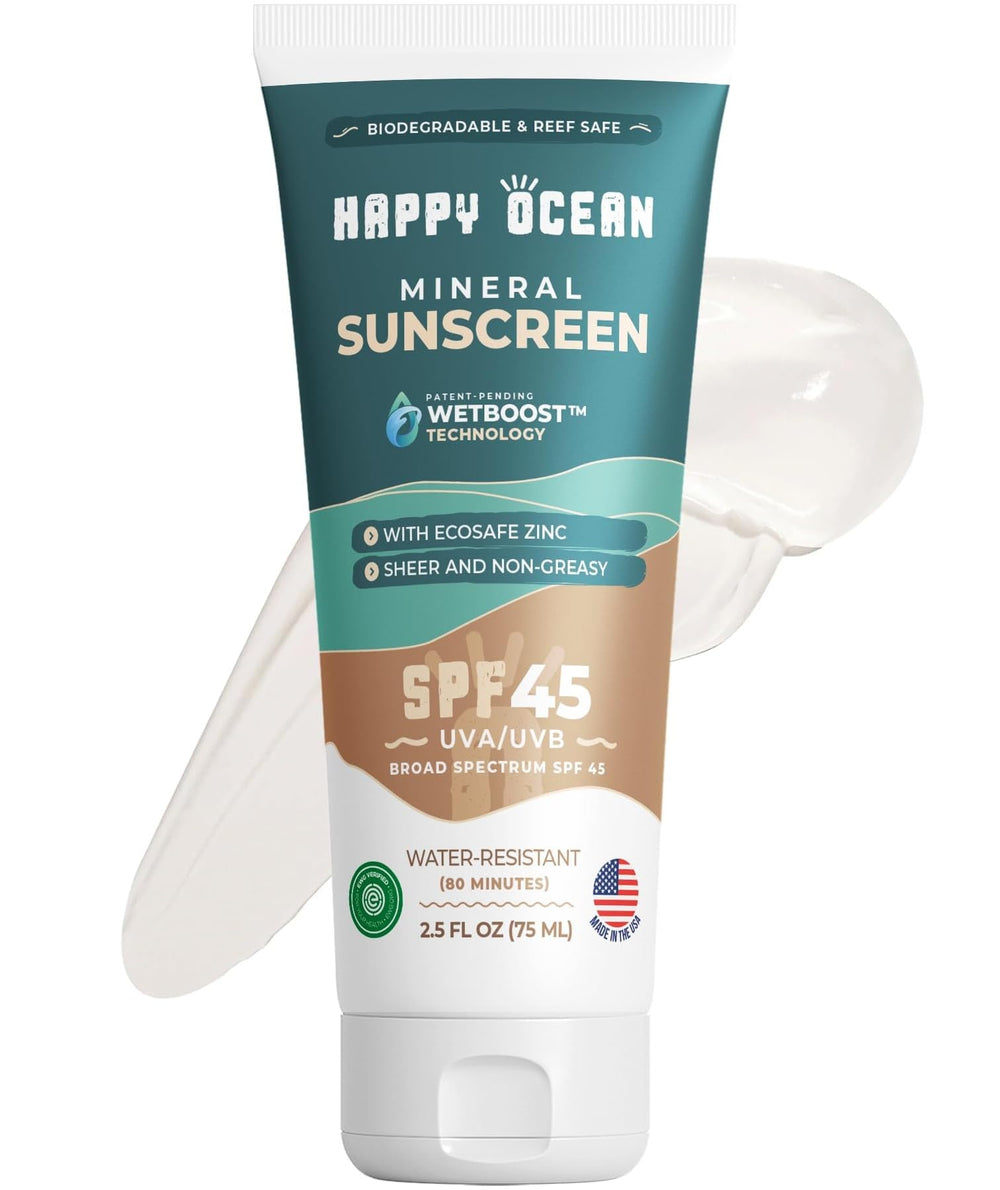 Happy Ocean SPF 45 biodegradable sunscreen packaging emphasizes reef-safe materials and eco-conscious protection