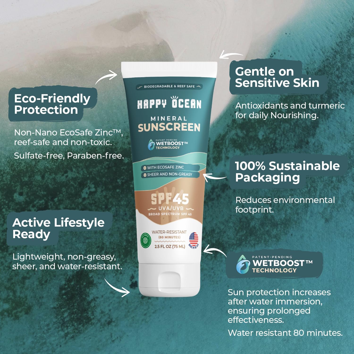 Happy Ocean SPF 45 face application shows quick, lightweight protection for daily outdoor routines
