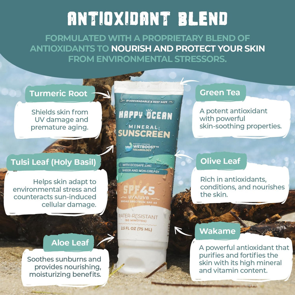 Happy Ocean SPF 45 sugarcane resin packaging signals eco-friendly reef-safe care