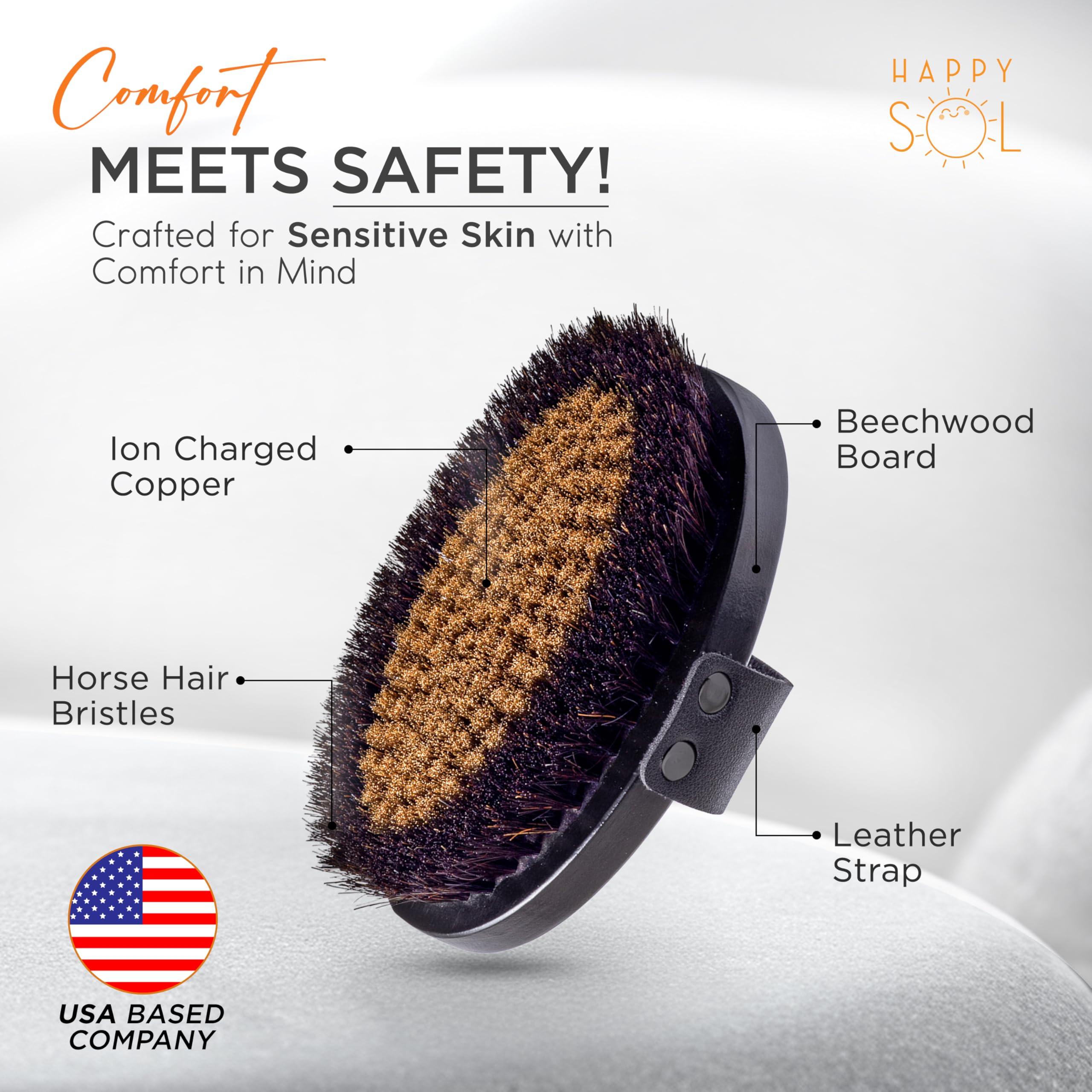 Happy Sol copper dry brush beechwood handle shown for comfortable daily use.