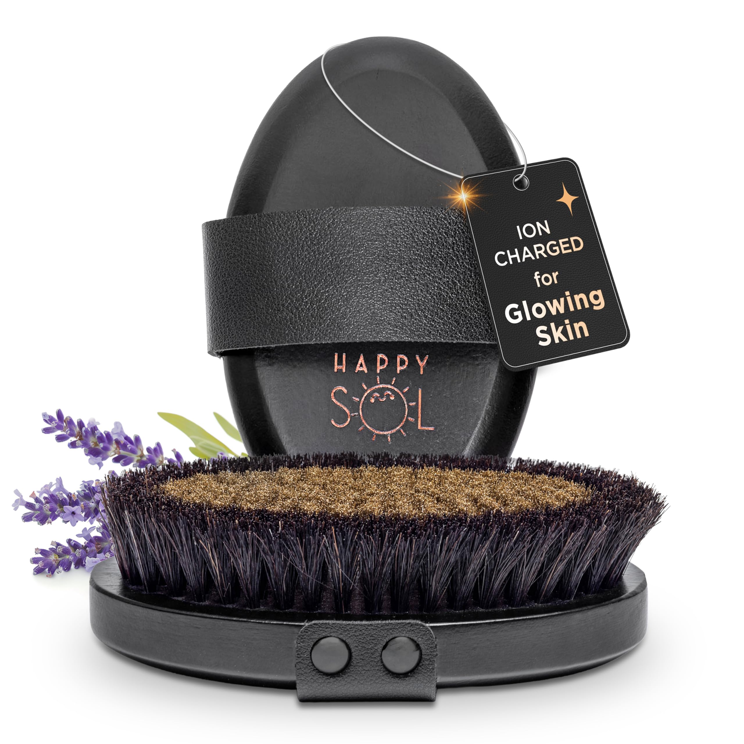 Happy Sol copper dry brush bristle detail highlights exfoliation and circulation support.