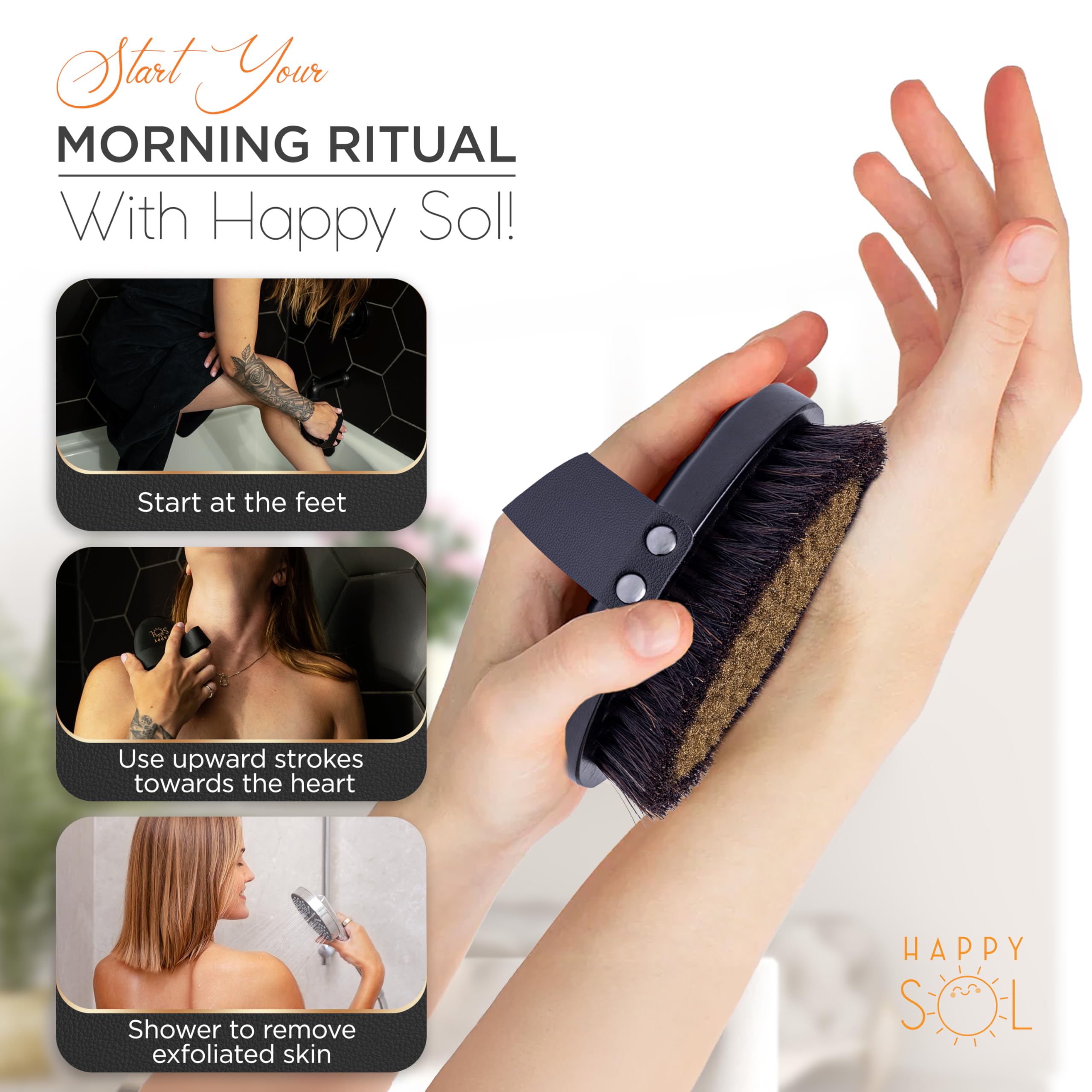 Happy Sol dry brushing foot-to-heart routine demonstrates direction for lymphatic-friendly motion.